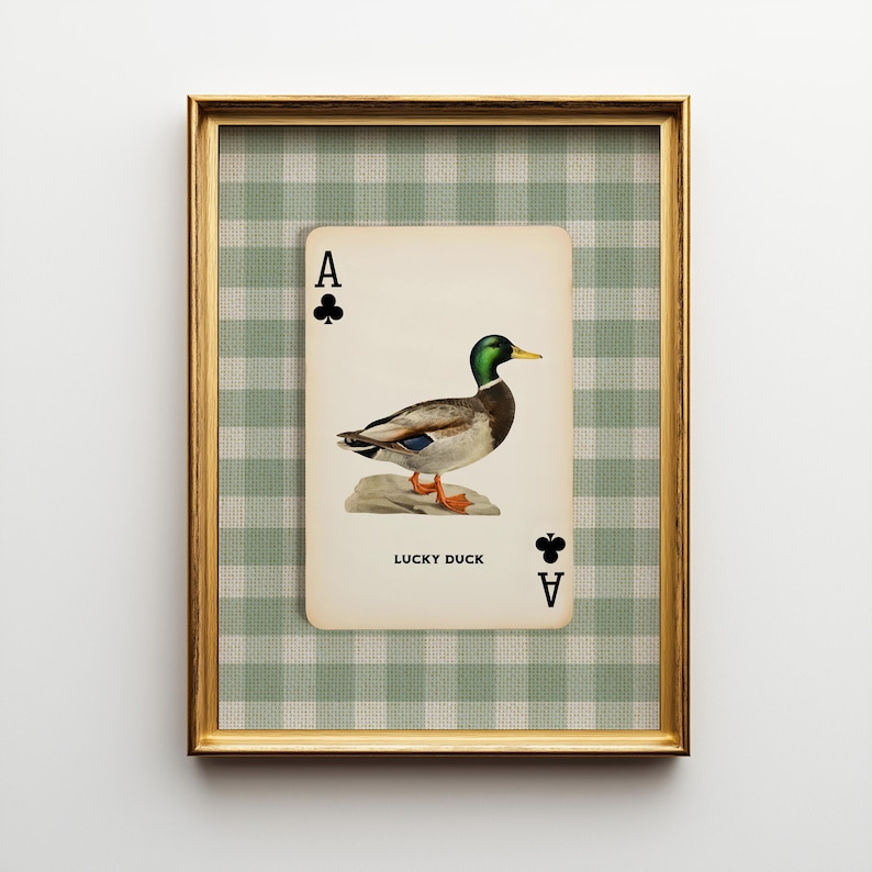 Framed mallard duck ace of clubs art print with sage green gingham background, perfect for cottage boy’s room or vintage nursery and kid's room decor