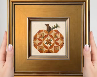 Barn Quilt Pumpkin Mini Painting – Small Framed Art Print, Americana Fall Decor
