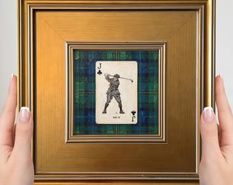 Vintage Golfer Mini Painting – Small Framed Art Print, Plaid Clubhouse Decor