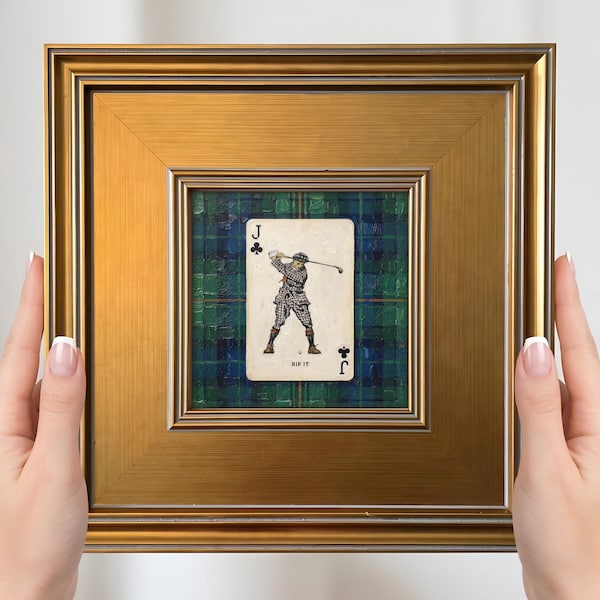 Vintage Golfer Mini Painting – Small Framed Art Print, Plaid Clubhouse Decor