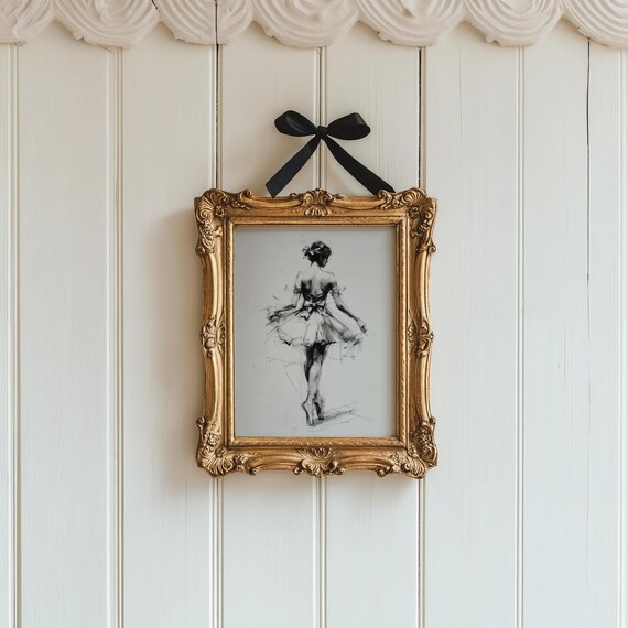 Ballerina Art – Coquette Black and White Girls Room Decor, Ballet Dancer Print, Charcoal Drawing