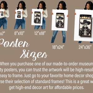 May include: A poster with a black and white illustration of a skeleton wearing a cowboy hat and a leather jacket. The poster is available in five different sizes: 5x7 inches, 8x10 inches, 12x18 inches, 18x24 inches, and 24x36 inches.
