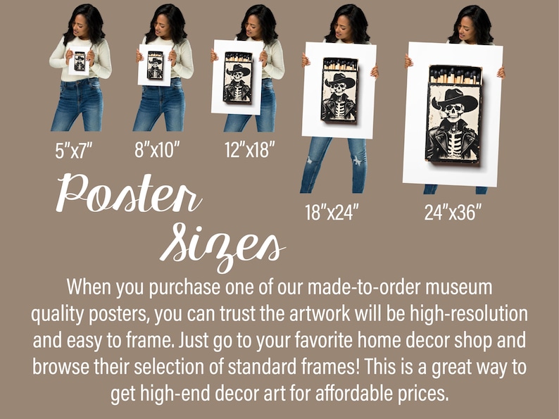 May include: A poster with a black and white illustration of a skeleton wearing a cowboy hat and a leather jacket. The poster is available in five different sizes: 5x7 inches, 8x10 inches, 12x18 inches, 18x24 inches, and 24x36 inches.