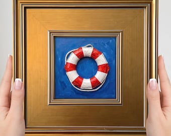 Vintage Life Preserver Mini Painting – Small Framed Art Print, Nautical Decor