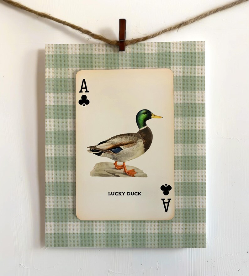 May include: A rectangular card featuring a mallard duck illustration centered on a light green and white gingham background. The card displays the text LUCKY DUCK, the letter A, and the club suit symbol in the top left and bottom right corners.