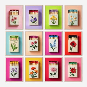 Geburtsblume Vintage Streichholzschachtel Druck | Dopamin Dekor Geburtstagsgeschenk Gestickte Blumenkarte Trendige Wandkunst Personalisiertes Muttertagsgeschenk