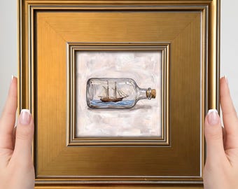Ship in a Bottle Mini Painting - Small Framed Art Print, Nautical Decor