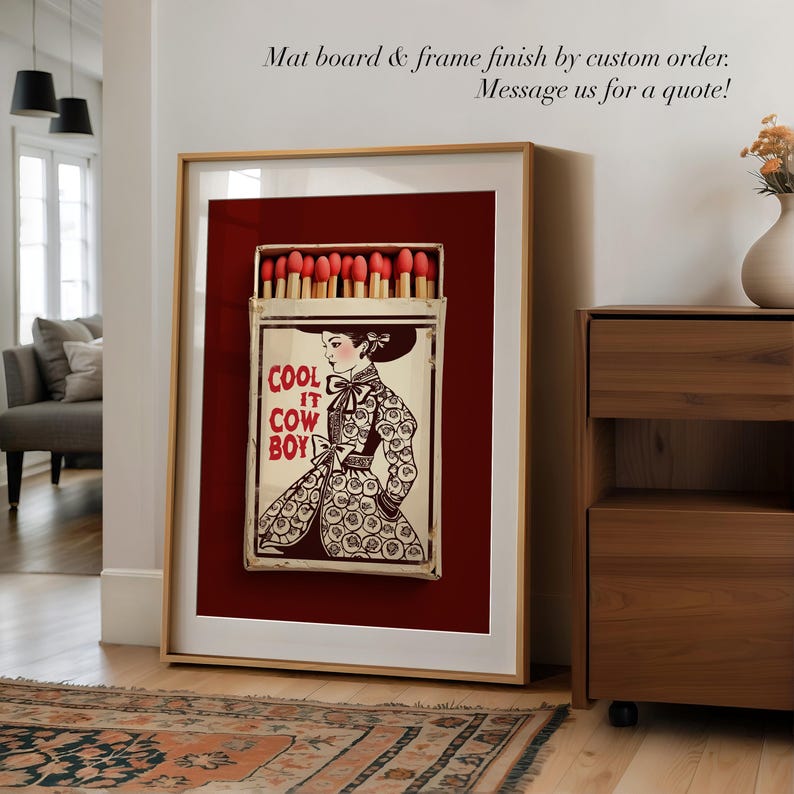 Bordeauxrode muurdecoratie – Cool It Cowboy Matchbox print, Americana decor afbeelding 9