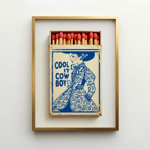 Cool It Cowboy Matchbook Print, Coastal Cowgirl Millennial Granddaughter Toile Chinoiserie Cobalt Blue White Poster Western Decor Trendy Art