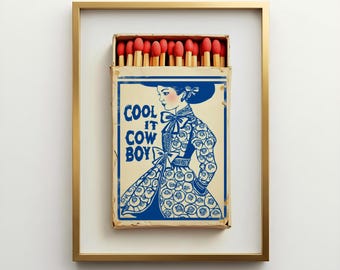 Cool It Cowboy Matchbook Print, Coastal Cowgirl Millennial Granddaughter Toile Chinoiserie Cobalt Blue White Poster Western Decor Trendy Art