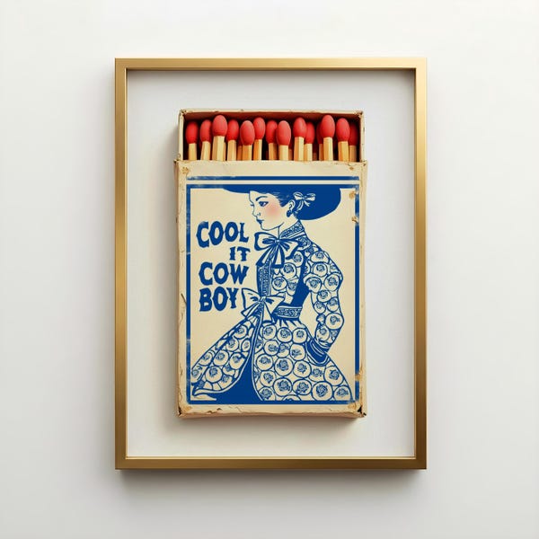 Cool It Cowboy Matchbook Print, Coastal Cowgirl Millennial Barnbarn Toile Chinoiserie Koboltblå Vit Poster Western Decor Trendig Konst