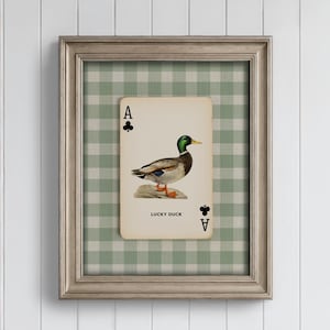 Framed mallard duck ace of clubs art print with sage green gingham background, perfect for cottage boy’s room or vintage nursery and kid's room decor