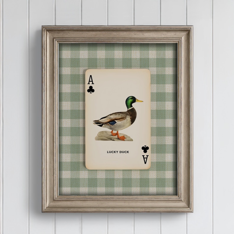 Framed mallard duck ace of clubs art print with sage green gingham background, perfect for cottage boy’s room or vintage nursery and kid's room decor