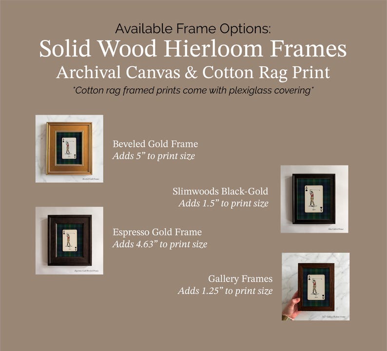May include: Image showcasing framed art prints with various frame options: Beveled Gold, Slimwoods Black-Gold, Espresso Gold, and Gallery Frames. The text reads "Solid Wood Heirloom Frames" and "Archival Canvas & Cotton Rag Print."