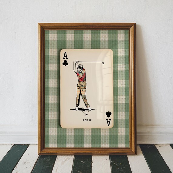 Green Gingham Vintage Golf Art - Framed Golfer Print, Retro Poster, Rustic Country Club Decor, Masculine Office