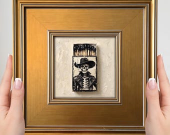 Mini cuadro de vaquero esqueleto: encanto del oeste para la pared, decoración gótica de granja.