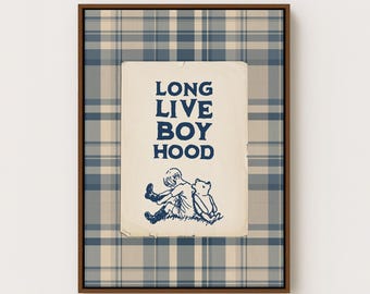 Boys Nursery Wall Art – Vintage Teddy Bear Print, Navy Plaid Americana Decor