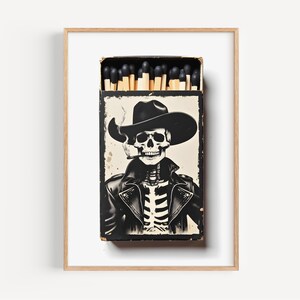 Skeleton Cowboy Matchbook Print Western Goth Decor Day of the Dead Memento Mori Boho Eclectic Wall Art Black White Unique Home Decor Momento