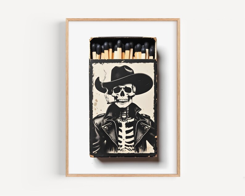 Skeleton Cowboy Matchbook Print Western Goth Decor Day of the Dead Memento Mori Boho Eclectic Wall Art Black White Unique Home Decor Momento