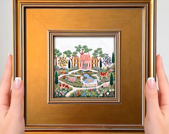 Scandinavian Folk Art Mini Painting – Small Framed Art Print, Whimsical Farmhouse Decor