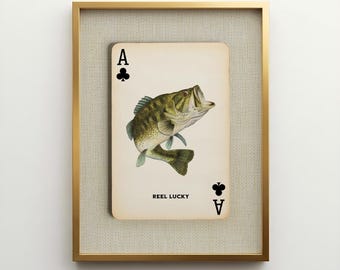 Fishing Print Framed Wall Art - Reel Lucky Largemouth Bass Playing Card, Rustic Lake House Decor, Masculine Office