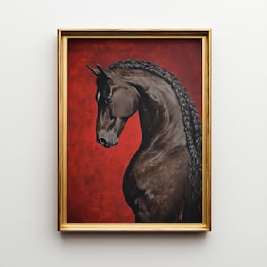Horse Oil Painting Print - Old Money Aesthetic, Kentucky Derby Art, Maximalist Equestrian Home Decor, Burgundy Red Framed Masculine Wall Art