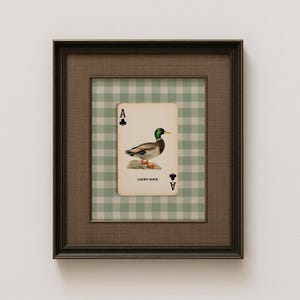 Framed mallard duck ace of clubs art print with sage green gingham background, perfect for cottage boy’s room or vintage nursery and kid's room decor