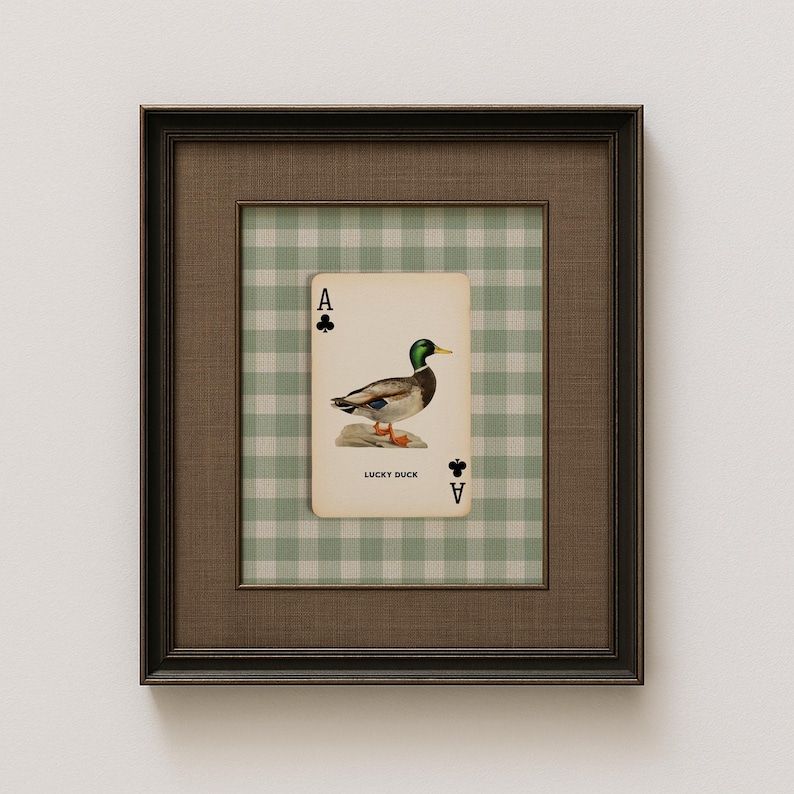 Framed mallard duck ace of clubs art print with sage green gingham background, perfect for cottage boy’s room or vintage nursery and kid's room decor