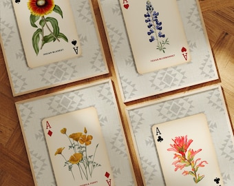 Arte Boho com Flores Silvestres do Deserto – Conjunto de 4 Estampas de Cartas Ás, Arte Botânica Floral Ocidental, Parede de Galeria de Pôquer, Decoração Texas Cottagecore