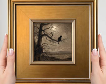 Mini cuadro de gato negro a la luz de la luna – Amuleto de pared de estilo brujo, decoración Dark Academia
