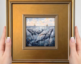 Passing Ships Whale Mini Painting – Small Framed Art Print, Whimsical Nautical Decor
