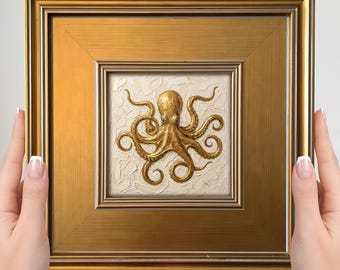 Gold Octopus Art Mini Painting - Small Framed Art Print, Nautical Decor