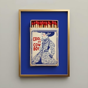 Blue Western Cowgirl Print - Cool It Cowboy Matchbox Print, Cobalt Framed Wall Art