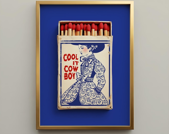 Blue Western Cowgirl Print - Cool It Cowboy Matchbox Print, Cobalt Framed Wall Art