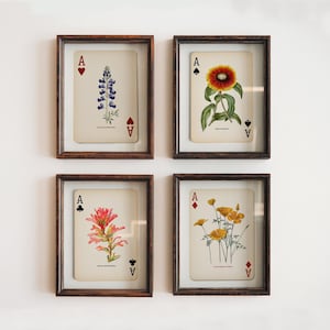 Set von 4 Aces südwestlichen Wildblumen Druck - Blumenmarkt Spielkarte Galeriewand, Floral Botanische Kunst, Spielzimmer Dekoration im westlichen Stil