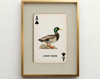Carta de juego Lucky Duck – Cuadro de pato ánade real enmarcado, decoración para casa de lago, arte para oficina de estilo masculino