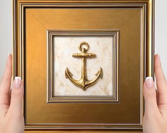 Gold Anchor Mini Painting - Small Framed Art Print, Nautical Decor