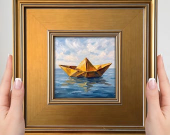 Gold Paper Boat Mini Painting – Small Framed Whimsical Art Print, Nautical Decor