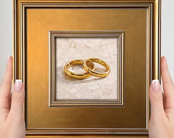 Two Wedding Rings Mini Painting - 50th Anniversary Small Framed Art Print, Couples Wall Charm