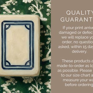 May include: Rectangular art print of a white dragon Mahjong Tile with a cream-colored center and a blue border, set against a green floral chinoiserie background. Text reads "Quality Guarantee: If your artwork arrives damaged or defective, we will replace your art - no questions asked -within 14 days of delivery."