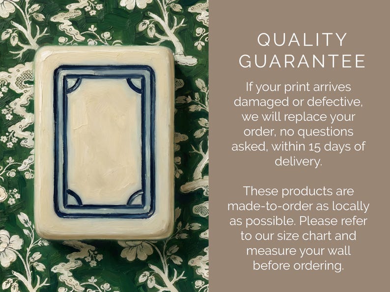 May include: Rectangular art print of a white dragon Mahjong Tile with a cream-colored center and a blue border, set against a green floral chinoiserie background. Text reads "Quality Guarantee: If your artwork arrives damaged or defective, we will replace your art - no questions asked -within 14 days of delivery."