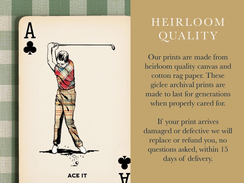 K&ouml;nnte beinhalten: Eine Spielkarte mit der Illustration eines Golfers in kariertem Hemd und Hose, der einen Schl&auml;ger schwingt. Die Karte zeigt den Buchstaben A und ein Kreuz-Symbol. Der Text lautet: HEIRLOOM QUALITY. Unsere Drucke bestehen aus hochwertiger Leinwand.