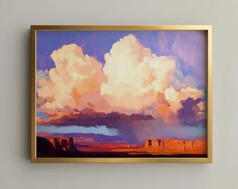 May include: A framed landscape painting depicting a desert mesa under a vast sky filled with large, billowing clouds. The scene features warm orange and red rock formations contrasted against a deep blue and purple sky with golden-lit clouds.