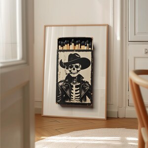 Skeleton Cowboy Matchbook Print Western Goth Decor Day of the Dead Memento Mori Boho Eclectic Wall Art Black White Unique Home Decor Momento