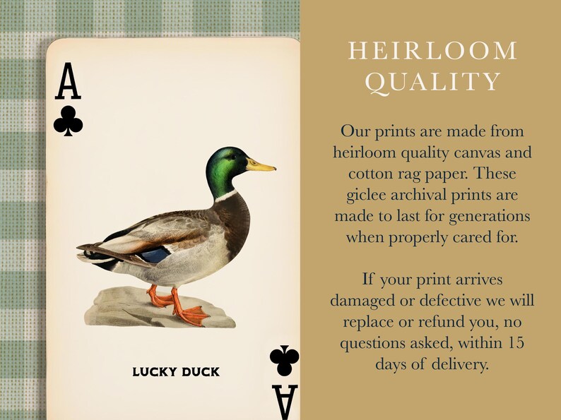 May include: A playing card design featuring a mallard duck with a green head and orange feet standing on a rock, labeled LUCKY DUCK with club symbols. The adjacent text reads HEIRLOOM QUALITY, describing archival giclee prints on canvas and cotton rag paper.