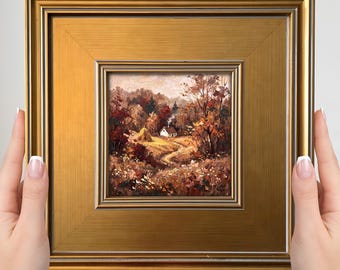 Fall Woodland Cottage Mini Painting – Small Framed Landscape Art Print, Cozy Fall Decor