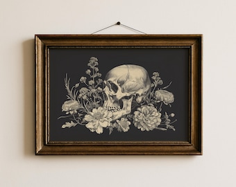 Skull & Wildflowers Botanical Print - Dark Academia Wall Art, Witchy Black and White Home Decor