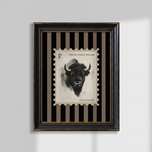 Charcoal sketch of a bison styled as a vintage postage stamp on a black and tan striped background; rustic Western art print.