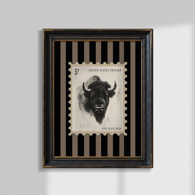 Charcoal sketch of a bison styled as a vintage postage stamp on a black and tan striped background; rustic Western art print.