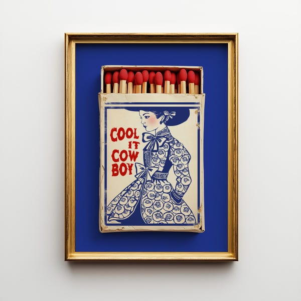 Blå Western Cowgirl-tryck - Cool It Cowboy Matchbox Retro Poster, Koboltfärgad inramad väggkonst